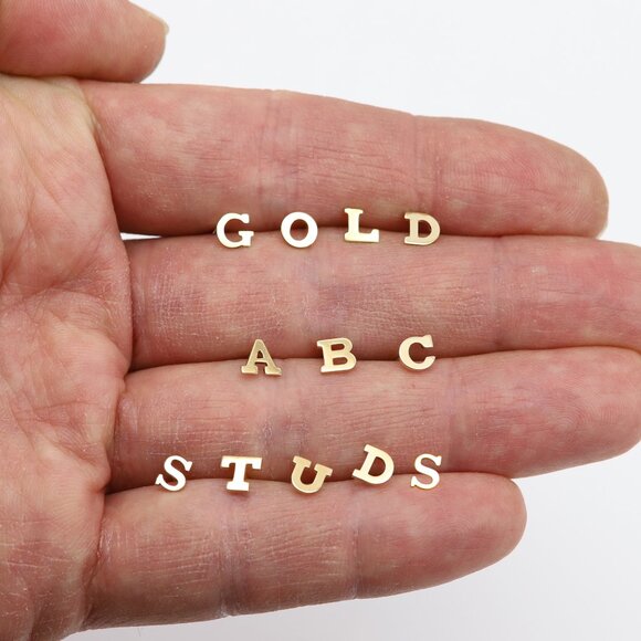 BARON Jewelry - 14k Gold Mini Alphabet Earrings Studs Sold as a Pair Fit for any Age